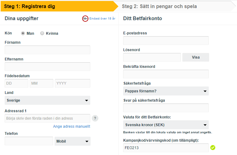 Betfair registreringsformulär Betfair Värvningskod
