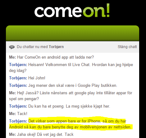 ComeOn för Android ComeOn Chat
