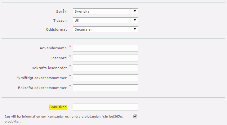 Registreringsformulär Bet365 Bet365 Registrering