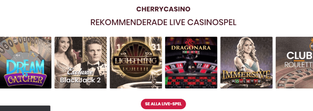 Cherry Casino har på hemsidan rekommenderade spel i varje kategori Cherry Casino Live